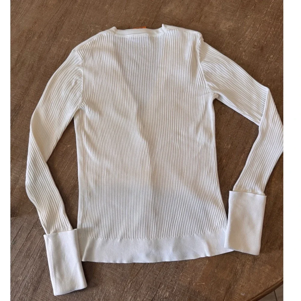 Tory Burch White Ribbed Cotton Simone Cardigan Gold Logo‎ Buttons Small